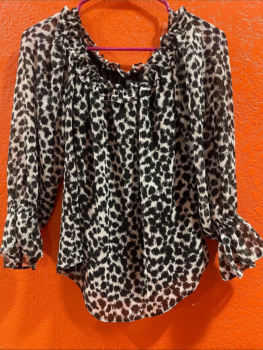 INC International Concepts Black and White Leopard Print Ruffle Blouse
